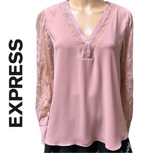 EXPRESS Lace Dressy Blouse Top Women's Size L Long Sleeve V-Neck Blush